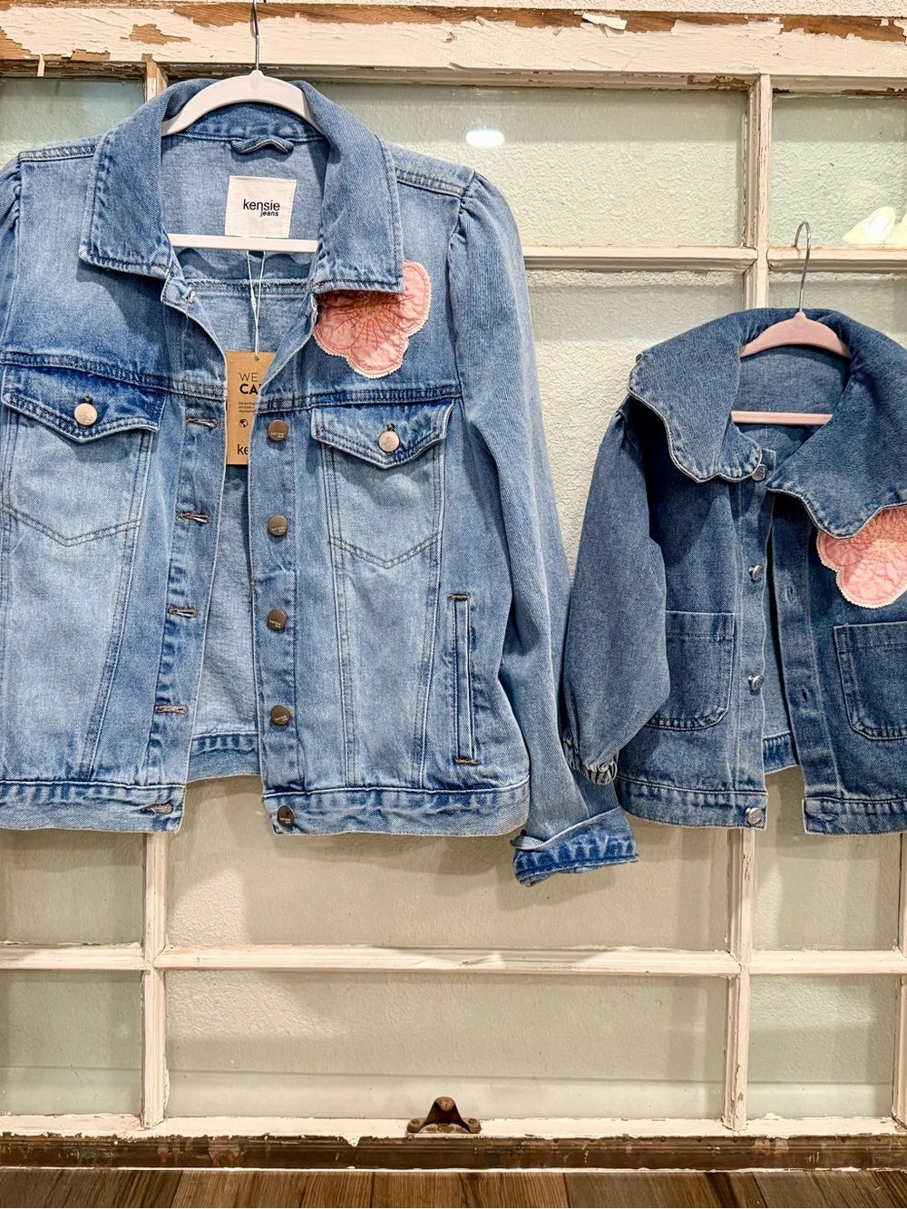 Kensie Light Blue Denim Jacket with Pink Floral Patch